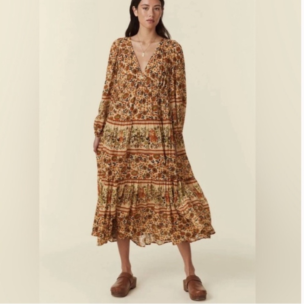 Spell | Impala Lily Midi Dress Sunflower Floral Boho Tiered Long Sleeve | Sz XS